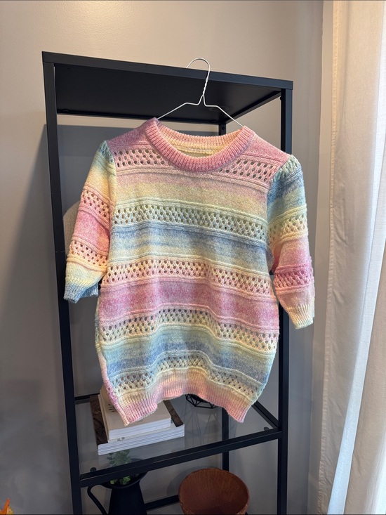 ICHI Sweaters - 068. Pastel Rainbow Open-Knit Short Sleeve Sweater